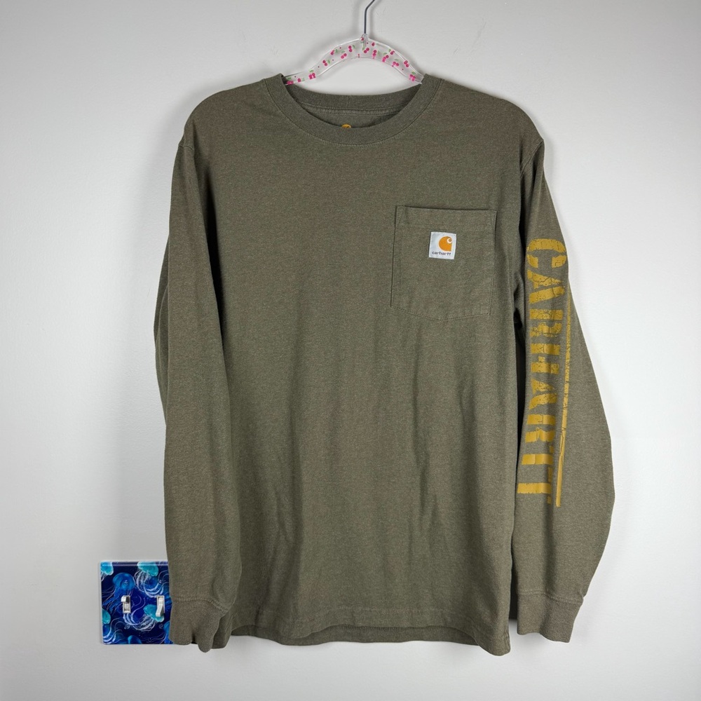 Carhartt Shirt Mens Small Green Long Sleeve Workwear Grunge Logo Gorpcore